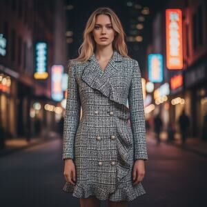 TERIA YABAR Tweed Trench Coat Pearl Buttons Front Closure Size Small